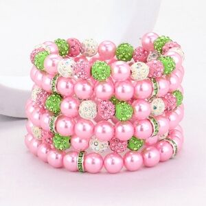 Pink Green Wrap Bracelet Bangle Pearl Bead Shamballa Ball Bling Two Tone